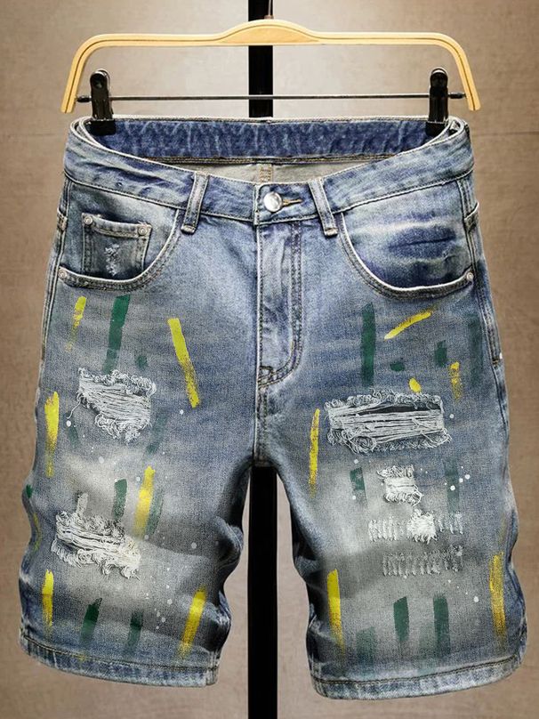 Men's Blue Paint-Splatter Distressed Denim Shorts | Loose Fit 5-Inch Inseam Casual Streetwear Shorts For Men_mkmklike.com