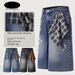 Men's Clothing Street Personality Pocket Plaid Fabric Distressed Wide Leg Jeans For Men And Women Washed Distressed Loose Embroidered Wide Leg Pants_mkmklike.com