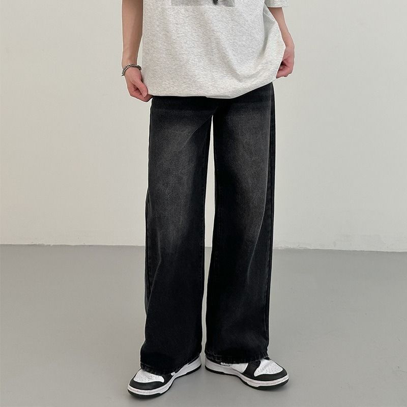 Men's Retro Washed Black Wide Leg Jeans Loose Straight Casual Trousers Height Enhancing American Trendy Brand Spring Autumn Style_mkmklike.com