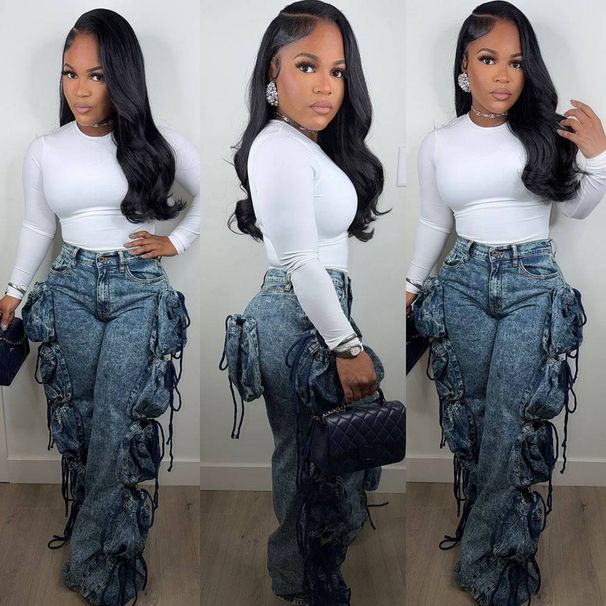 Women's Clothing Women's Style Denim Cargo Pants Straight Leg Trousers With Multiple Pockets Street Style Unique Design_mkmklike.com