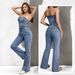 Vintage Denim Jumpsuit For Women - High-Waisted Flared Romper With Stretch, Off-Shoulder Boob Tube Design_mkmklike.com