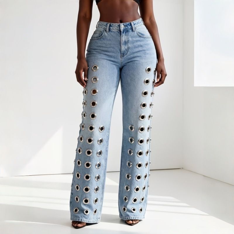 High Waisted Women's Jeans European American Style Metallic Cutout Washed Straight Leg Floor Length Denim_mkmklike.com
