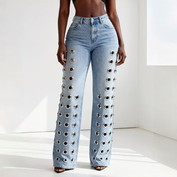 High Waisted Women's Jeans European American Style Metallic Cutout Washed Straight Leg Floor Length Denim_mkmklike.com