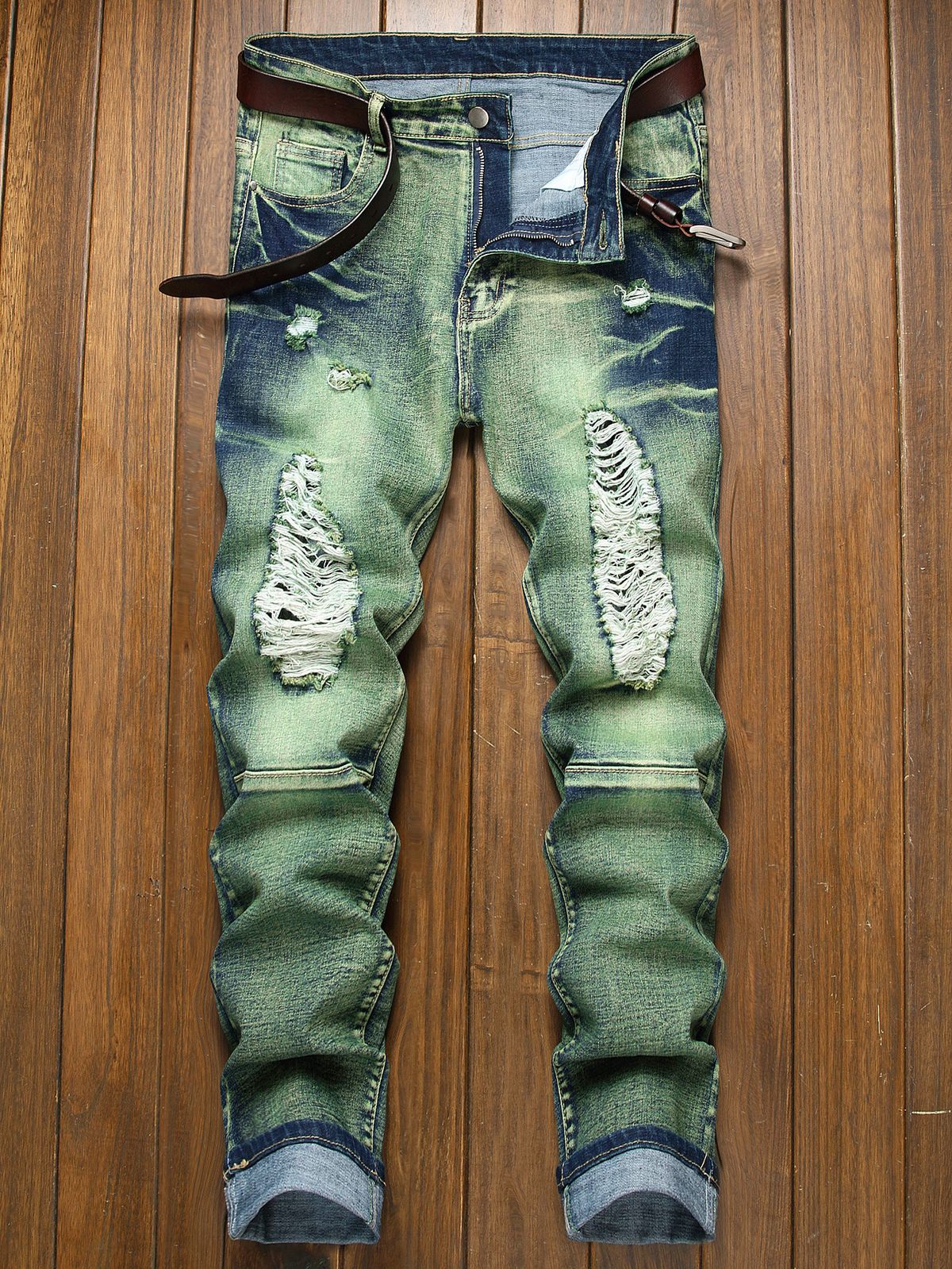 Men's Clothing European And American Foreign Trade Multi Process Slim Fit Hole Fashion High Street High Quality Men's Stretch Jeans_mkmklike.com
