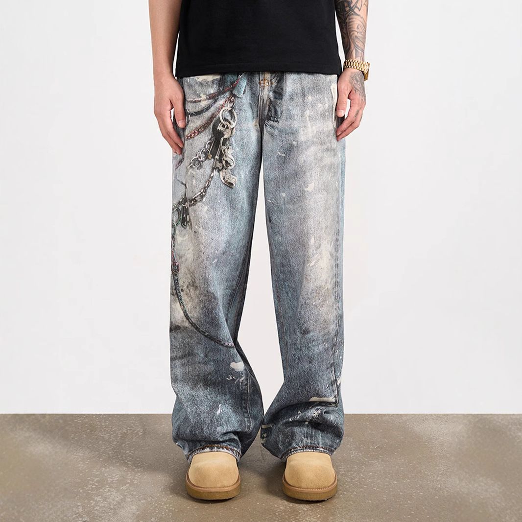Men's Clothing Jeans Men's Summer Retro Print Trendy Wide Leg Straight Pants_mkmklike.com