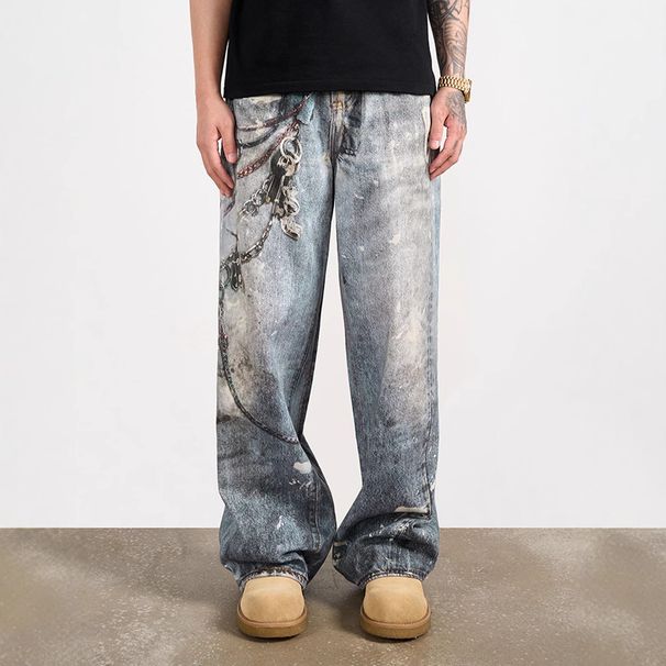 Men's Clothing Jeans Men's Summer Retro Print Trendy Wide Leg Straight Pants_mkmklike.com