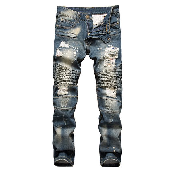 Men's clothing supply menswear stretch black jeans biker miscellaneous patchwork denim pants_mkmklike.com