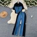 Women's clothing casual simple denim patchwork suit women's summer Polo collar zipper top + high waist wide leg drape trousers_mkmklike.com