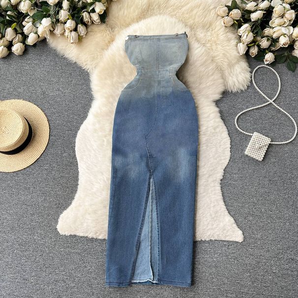 Women's One Shoulder Sheath Cowboy Waist Sexy Split Vintage Style Package Hip Skirt_mkmklike.com