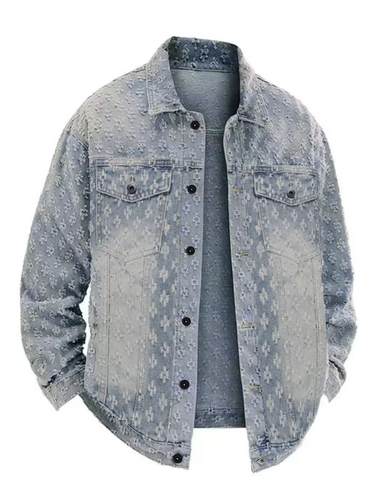 Men's Crochet Embroidered Denim Jacket – Lightweight Distressed Cotton Coat, Loose Fit Casual Blazer (S-XXL, Light Blue)_mkmklike.com