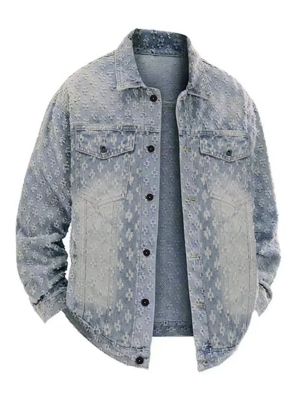 Men's Crochet Embroidered Denim Jacket – Lightweight Distressed Cotton Coat, Loose Fit Casual Blazer (S-XXL, Light Blue)_mkmklike.com