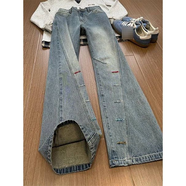 Men's Straight Leg Loose Trousers Buttonhole Embroidered Diagonal Cut American High Street Trendy And Versatile Flared Trousers_mkmklike.com