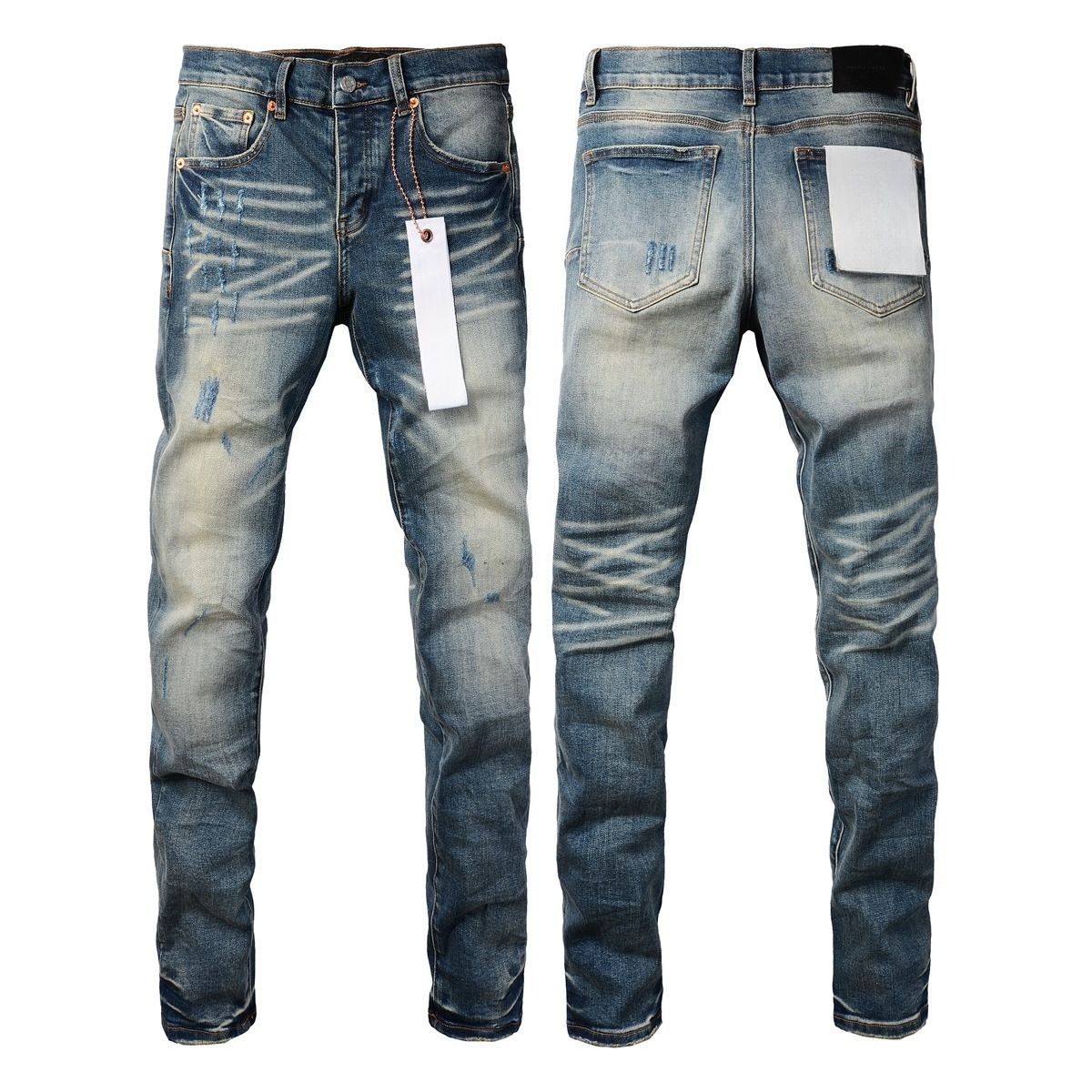 Unisex Cleanfit Stacked Flared Jeans, Vintage Mud-Blue Fade With All-Over Scratches, Breathable Summer Biker Style_mkmklike.com