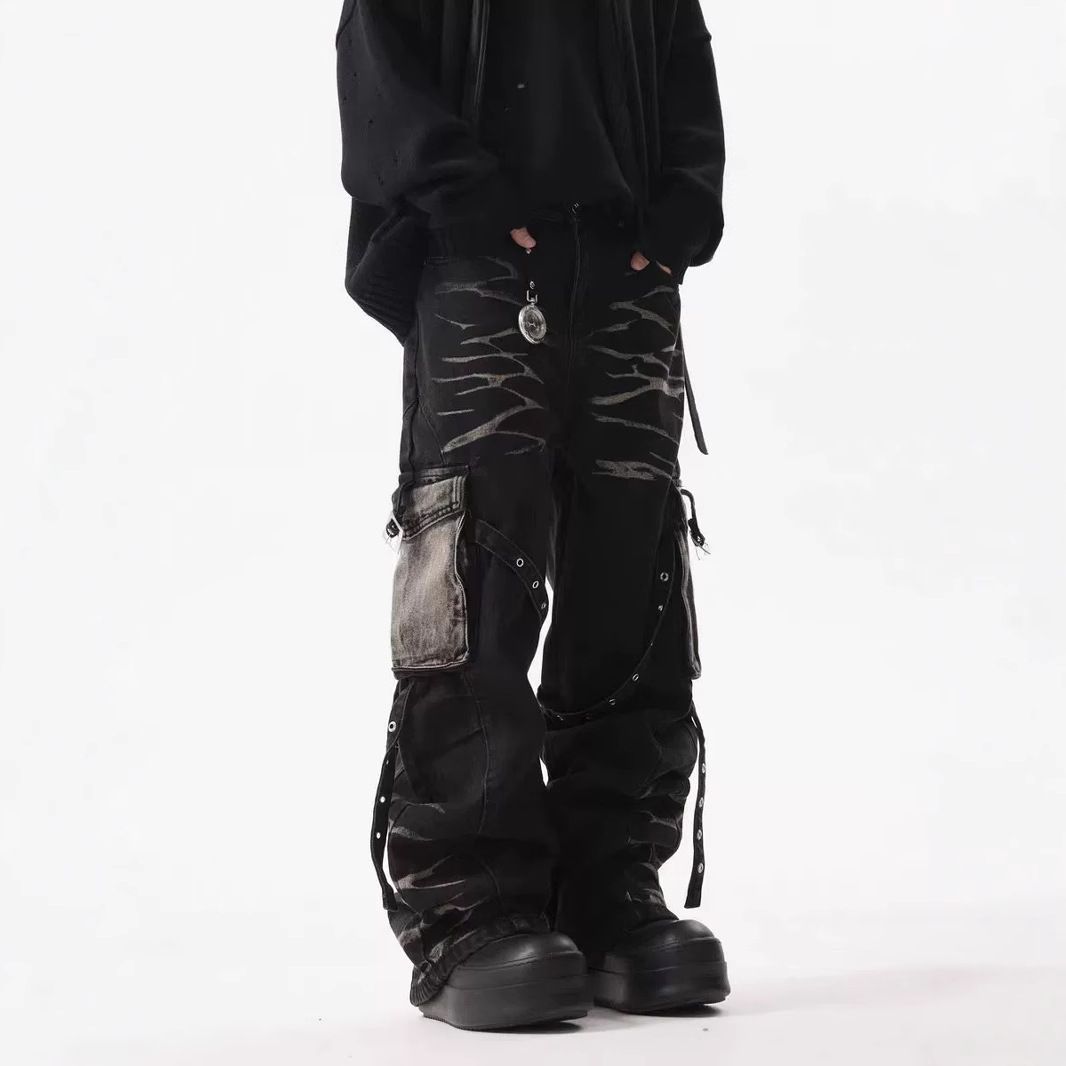 Men's Clothing High Street Retro Design Washed Lightning Raw Edge Jeans Loose Straight Casual Trousers_mkmklike.com