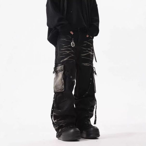 Men's Clothing High Street Retro Design Washed Lightning Raw Edge Jeans Loose Straight Casual Trousers_mkmklike.com