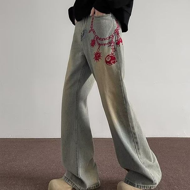 Men's Vintage Washed Yellow Mud Jeans With Red Embroidery & Meteor Hammer Design – Retro High Street Straight-Leg Bootcut Pants (S-3XL)_mkmklike.com