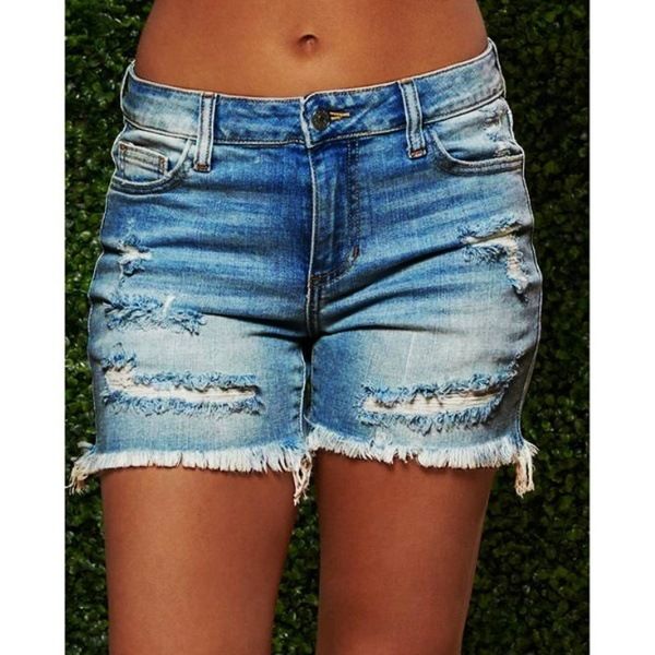 Women's Clothing Stretch Denim Shorts With Distressed Hem & Fringe - High Waist Ripped Bermuda Shorts (S-3XL)_mkmklike.com