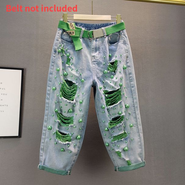 Women's Clothing Loose High Waist Slimming Heavy Industry Pearl Ripped Beggar Jeans Women's Trendy Pants(Belt Not Included)_mkmklike.com