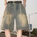 Men's Clothing Retro Raw Edge Tassel Stitching Distressed Denim Shorts Men's Summer Trendy High Street Washed Loose Shorts_mkmklike.com