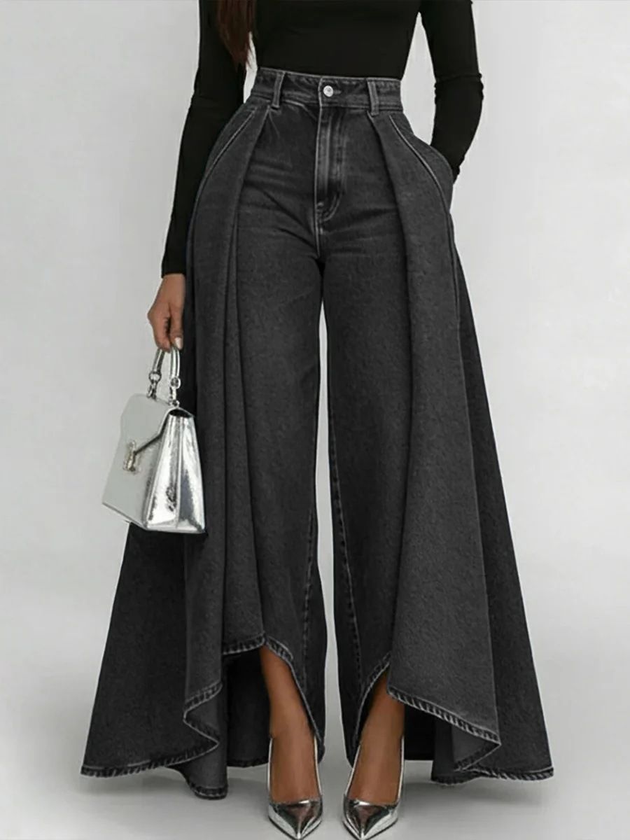 2027 Fashion European-USA Style Cowboy Pants Women Mid Waist Denim-Like Long Swing Pure Color Jeans S-3XL_mkmklike.com