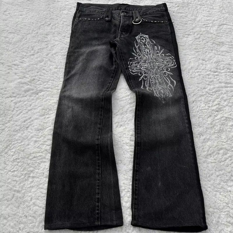 Gothic Retro Flared Denim Trousers Double Waist Washed Distressed Men's Clothing Ins_mkmklike.com