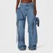 Women's High Waist Patch Pocket Jeans With Bow Tie Detail - Street Style Wide Leg Pants In Solid Blue_mkmklike.com