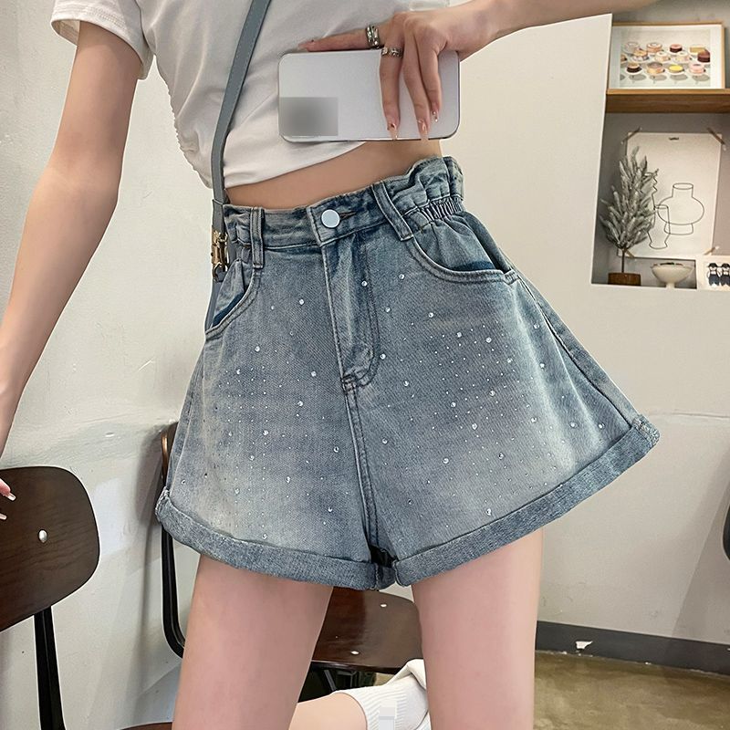 Diamond High Waist Wide Leg Denim Shorts Women's Summer New Loose Slim A Line Curled Elastic Waist Hot Pants_mkmklike.com