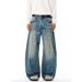 Wasteland Style Ink Splash Vintage Dirty Scimitar Jeans Men's Street Fashion Niche Loose Washed White Wide-Leg Pants_mkmklike.com