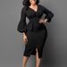 Women's V-neck Puff Sleeve Split Dress office Pencil Skirt _mkmklike.com