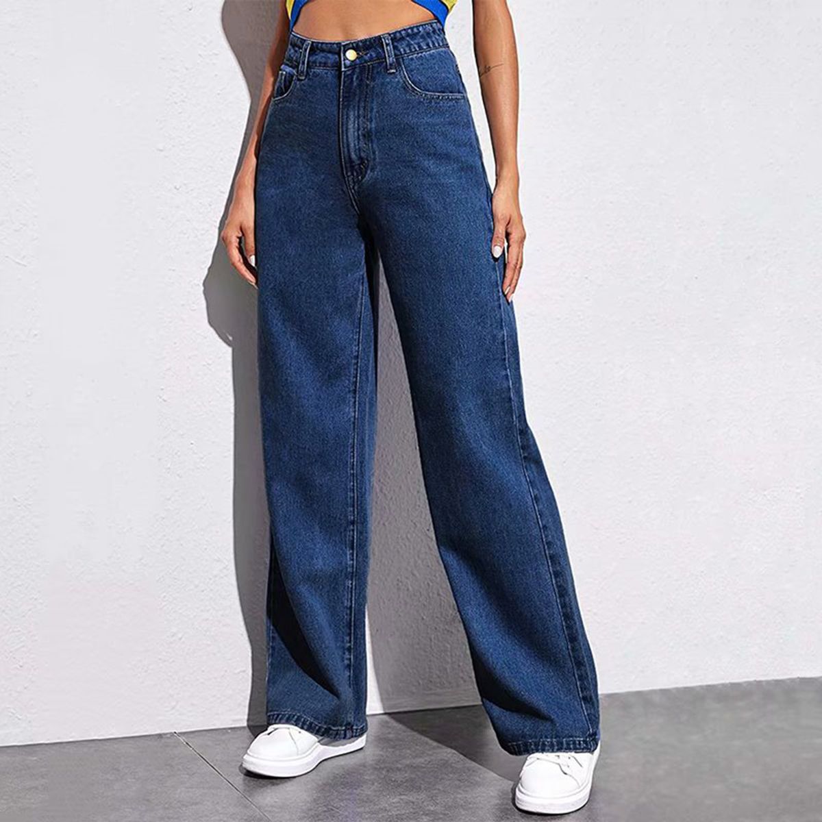 Women's High-Waisted Wide-Leg Jeans – Organic Cotton Straight-Leg Trousers With Vintage Wash (S-XL, Stonewash Black/Navy/Gray/Light Blue, Non-Stretch)_mkmklike.com