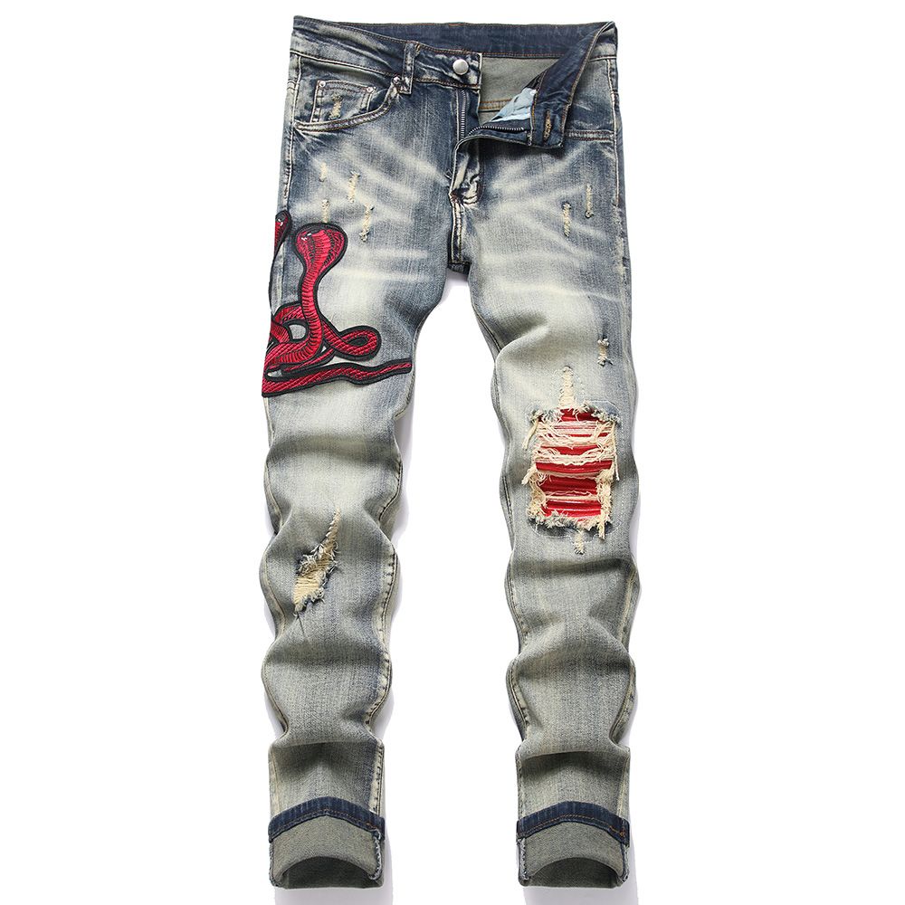 Men's Sanke Embroidery Stretch Denim Jeans Streetwear Red Leather Patch Slim Tapered Pants With Holes And Rips Trousers_mkmklike.com