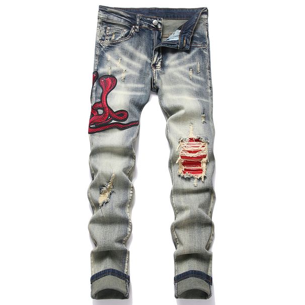 Men's Sanke Embroidery Stretch Denim Jeans Streetwear Red Leather Patch Slim Tapered Pants With Holes And Rips Trousers_mkmklike.com