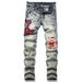 Men's Sanke Embroidery Stretch Denim Jeans Streetwear Red Leather Patch Slim Tapered Pants With Holes And Rips Trousers_mkmklike.com