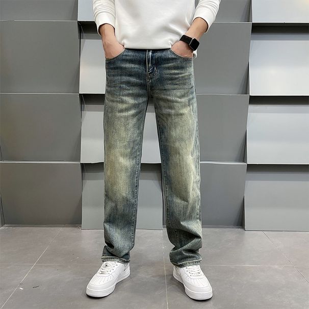 Men's Clothing Spring Retro High-End Printed Blue Jeans Loose Fit Straight Leg Casual Pants For Men_mkmklike.com