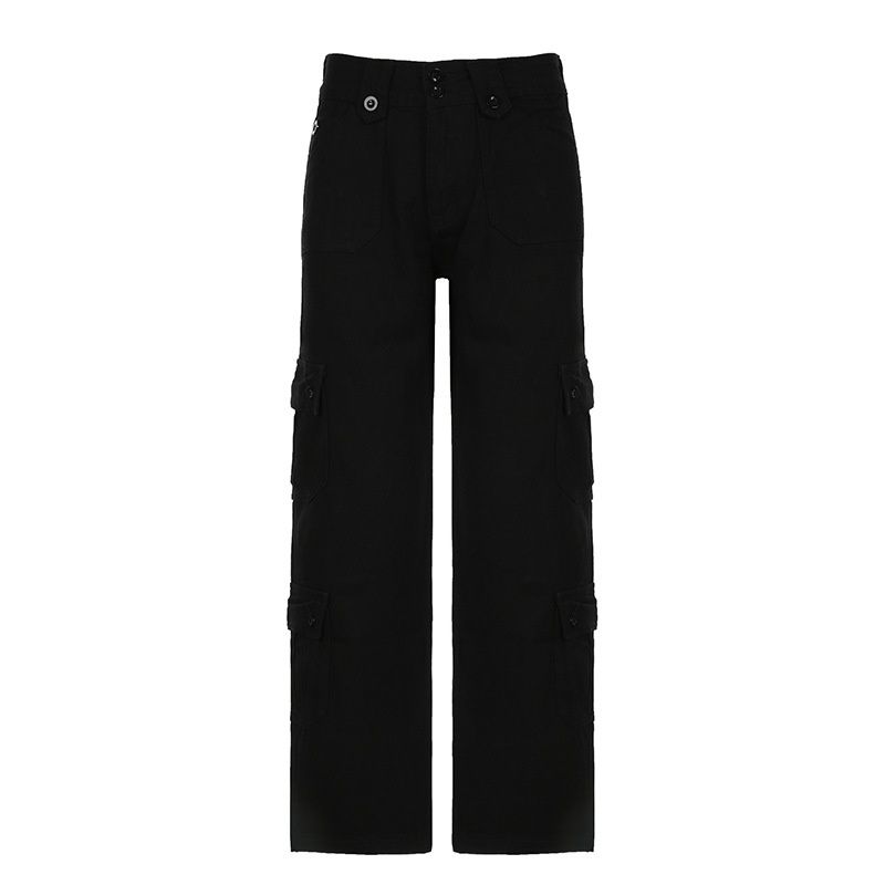 American-style Distressed Denim Jeans With Multiple Pockets, Versatile Workwear Pants, Low-waisted Solid Color Loose_mkmklike.com