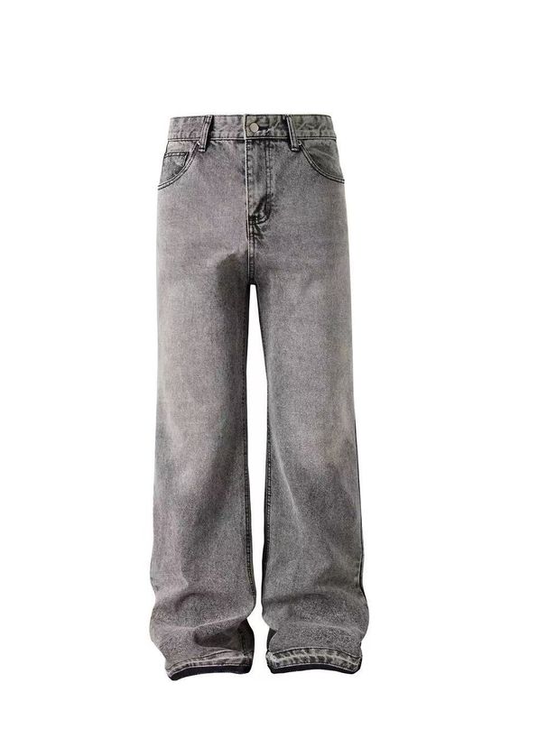 Men's Clothing Men's Gray Washed Jeans - Frayed Hem Straight Leg Denim (Cleanfit Vintage Style)_mkmklike.com