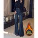 Women's Clothing Retro High-Waisted Flared Jeans Blue Fleece Lined Thick Warm Slimming Denim For Winter Not Clingy England Style Fashion_mkmklike.com