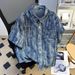 Vintage Blue Denim Shirt Jacket – Summer Lightweight Distressed Tie-Dye Design With Shoulder Pads & Short Sleeve T-Shirt Style_mkmklike.com