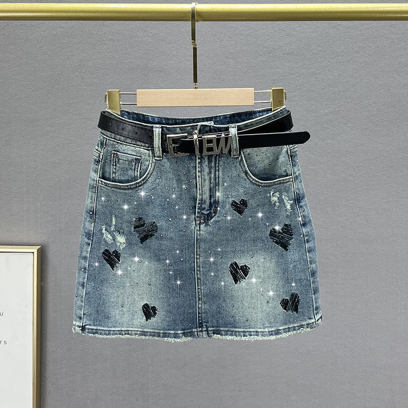 Women's Denim 2026 New Summer High-waisted Slim-fit Ins Heart Embroidery Rhinestone Anti-exposure Short Skirt_mkmklike.com