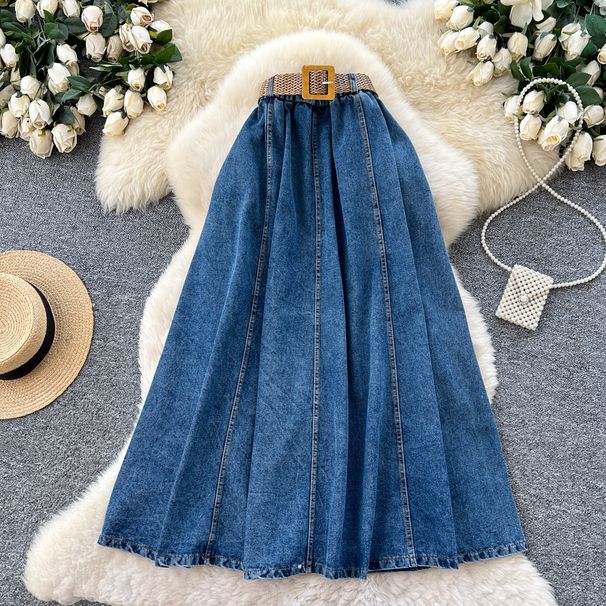 Women's Retro Style High-Waisted A-Line Denim Skirt Slimming Woven Belt Midi Skirt Versatile Mid-Length Flared Skirt For Spring/Autumn_mkmklike.com