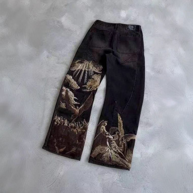 Harajuku Retro Bat Pattern Print Loose Jeans Y2K Street Lazy Pants Men's Cross Border Denim_mkmklike.com