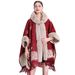 loose plaid plus velvet thick fur collar knitted shawl cape women's woolen shawl coat_mkmklike.com