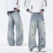 Cartoon Print Denim Jeans For Men – Loose Straight Leg Pants | Trendy Casual Streetwear With Graphic Art_mkmklike.com