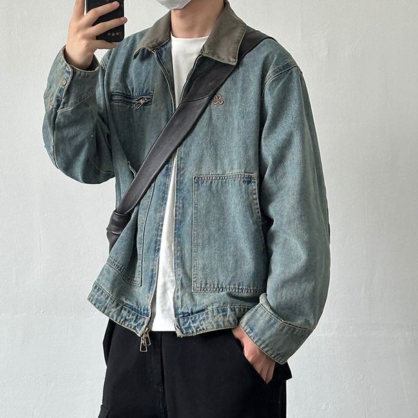 Collar Zipper Large Pocket Denim Jacket Retro Workwear Loose Casual Trend Top Jacket_mkmklike.com