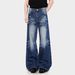 Vintage Washed Denim Bell-Bottom Jeans For Men & Women – Retro Stretch-Free Cat Whisker Design, High Waist, Flared Hem, Casual Everyday Wear_mkmklike.com