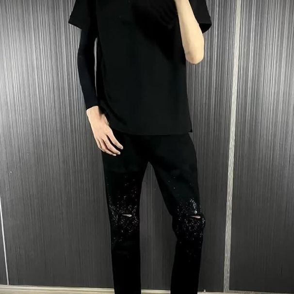 Men's Korean Style Trendy Starry Rhinestone Embellished Slim Fit Cropped Jeans Straight Leg Height Enhancing_mkmklike.com