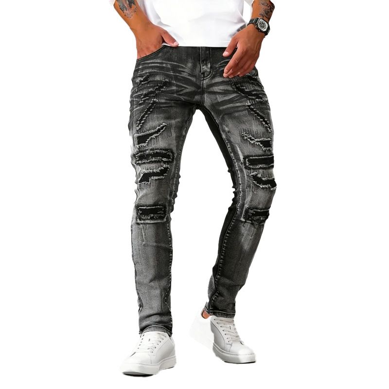 Men's Clothing Silver Grey Men's Stretchy Slim Fit Jeans Multi Craftsmanship Design Stylish Trousers_mkmklike.com