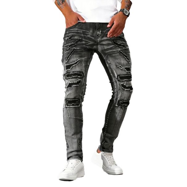 Men's Clothing Silver Grey Men's Stretchy Slim Fit Jeans Multi Craftsmanship Design Stylish Trousers_mkmklike.com