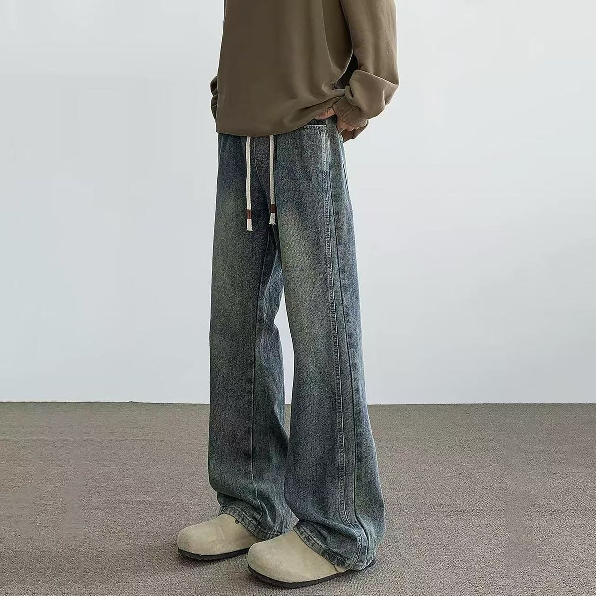 Retro American Drawstring Men's Jeans Loose Fit Trendy Fashionable Slightly Flared Wide Leg Pants Midweight Cotton Black Blue_mkmklike.com