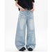 Men's Clothing Blue Straight Jeans Men And Women Spring New Style Cat Whisker Design Loose Wide Leg Casual Long Pants_mkmklike.com